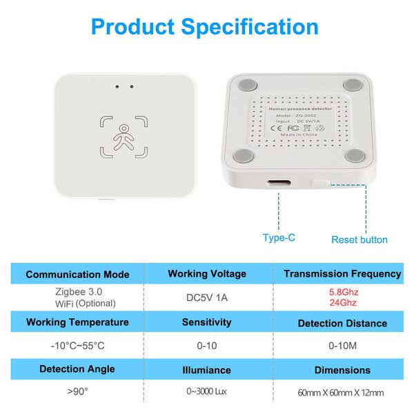 Sensor de presença humana inteligente Wi -Fi / Zigbee, Luminância / Detecção de Distância, Automação Doméstica da Life Smart Tuya, para Z2M Alexa, Google