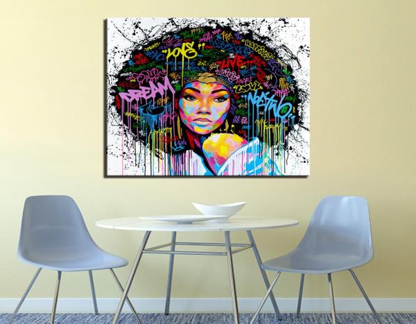 African Black Woman Graffiti Art Posters Imprime pinturas de lona abstrata na parede de artes de parede com decoração personalizada combinati3911533
