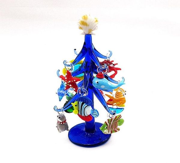 Madeira azul escuro Murano Glass Christmas Tree Shape Ornament Home Aquarium Decoration With 12pcs Marine Animal Figure Pinging T9029428