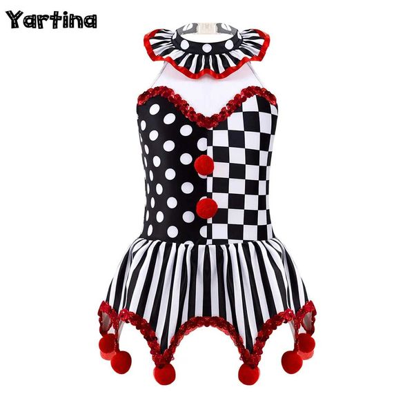 Dancewear infantil garotas de circo mestre palhaço corker cosplay figurino de bolinhas xadrez listras de listras de listras de impressão adornada de hem de hem tutu y240524