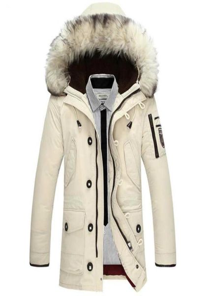 Winterjacke Männer Waschbär Fell Kapuze weiße Down -Schichten warmer Parka Windbreaker Oberbekleidung Jacken Beige schwarze Orange Multi -Taschen8592635