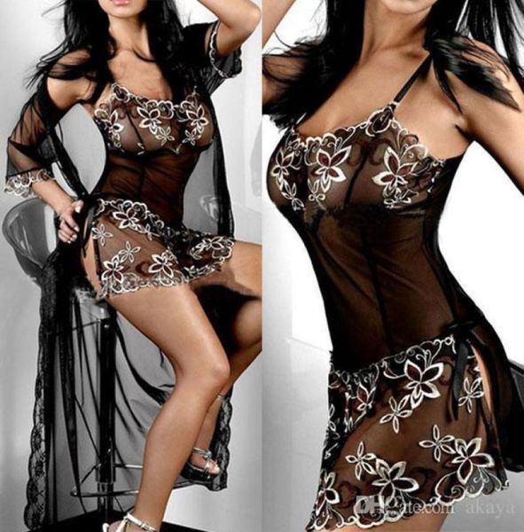 Sexy pijamas lingerie vestido de noite Amazing Women Bordado preto Lady Print Transparent Underwear Plus Tamanho 3xl 4xl 5xl 6x9396215