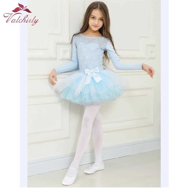 Dancewear azul inverno mangas compridas Meninas de balé Tutu Tutu Lace Dance Salia Puffy para crianças Y240524