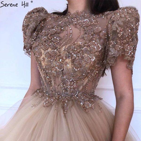 Party -Kleider Ballkleid Gold Kurzärmele Abend 2024 Perlen -Pailletten High Neck Formal Dress Design Serene Hill La70528