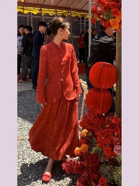 Vestidos de trabalho em estilo chinês Roupas femininas Moda vintage Red Set Engagement Dress Vress