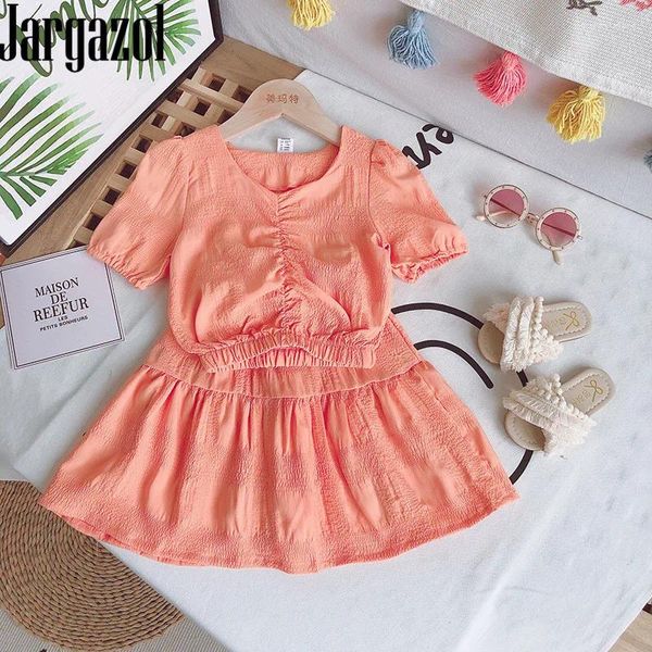 Roupas conjuntos de crianças pequenas definidas para as garotas de moda de verão comprovadas roupas de chiffonshort topskirt lindas roupas coreanas