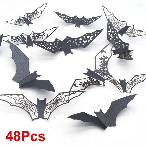 Decorazione per feste 12/48pcs Halloween Bat Wall Adesions 3d Hollow Black for Home Room Horror House Decalsali fai -da -te