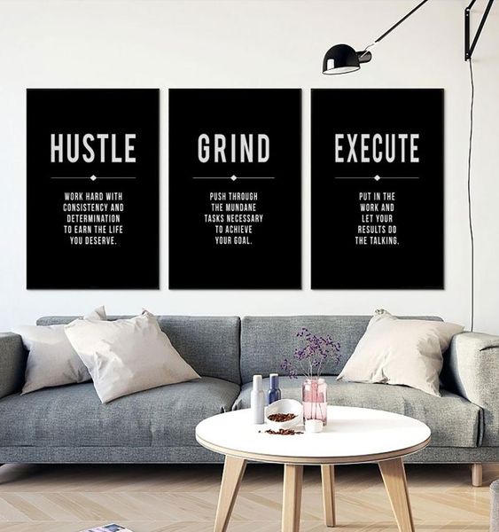 Grind Hustle Execute Life Citação Motivacional Arte da parede Pintura Modern Inspirational Poster Prints Pictures de parede DECO2638442