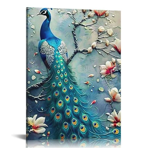 Arte de parede de lona com imagem de pavão - penas de cauda azul com flores pintando obras de arte de giclee pindeas decoração de parede para sala de estar, quarto e banheiro