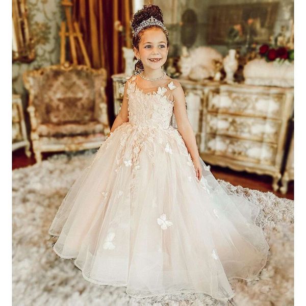 Vestidos de menina de flor para casamento pérola rosa Tulle Floral Princesa Long Maxi Kids Bridesmaid Ball Gowns Birthday MC2300 0528