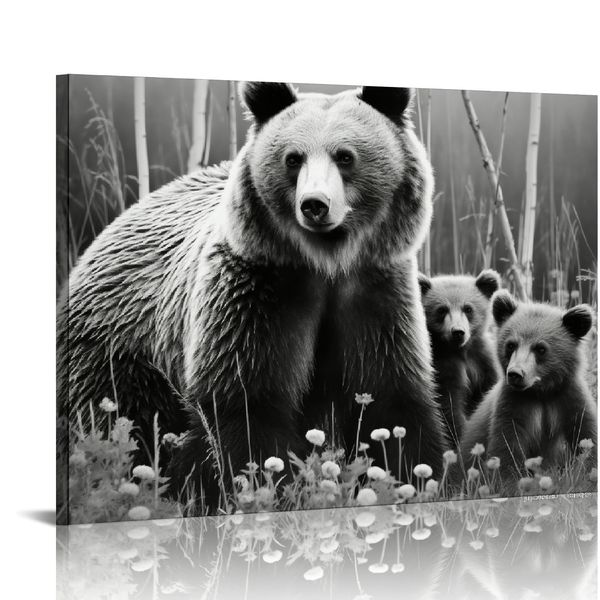 Bears Family Canvas Print Wandkunst Schwarz -Weiß Grizzly Bär Bild Malerei Dekorationen für die Bauernhauskabine Galerie Leinwand gewickelt bereit zum Hängen