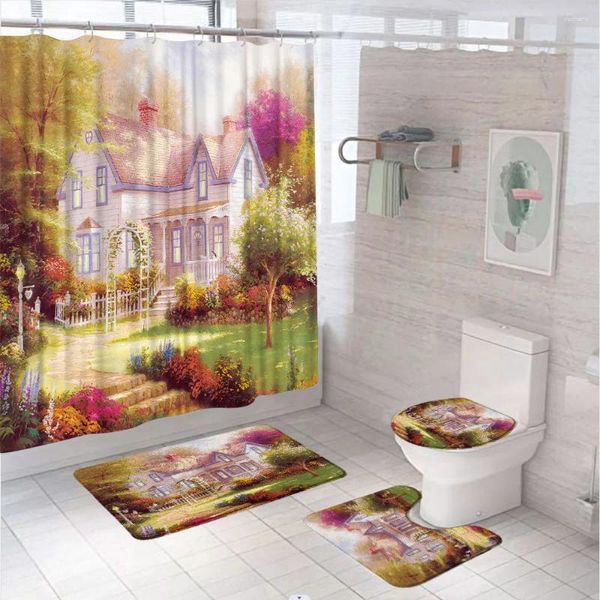 Tende per doccia da giardino case floreali set di tende da olio dipinto di villaggio europeo schermata da bagno non slittata vasca da bagno tappeto igienico