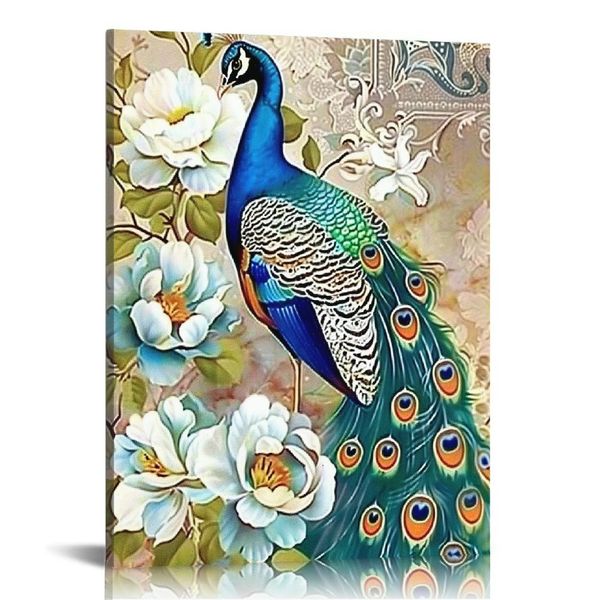 Arte de parede de lona de pavão, cauda de pavão azul vintage com estampas de imagem de flor Galeria de obras de arte emoldurada Decoração de parede de lona de pássaro para decoração