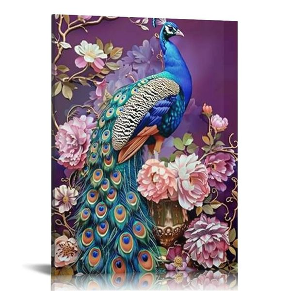 Arte della parete di pavone vintage - Stampa artistica di pavone, immagini di pavone blu uccello, poster antichi animali floreali, fiori colorati per decorazioni per la camera da letto