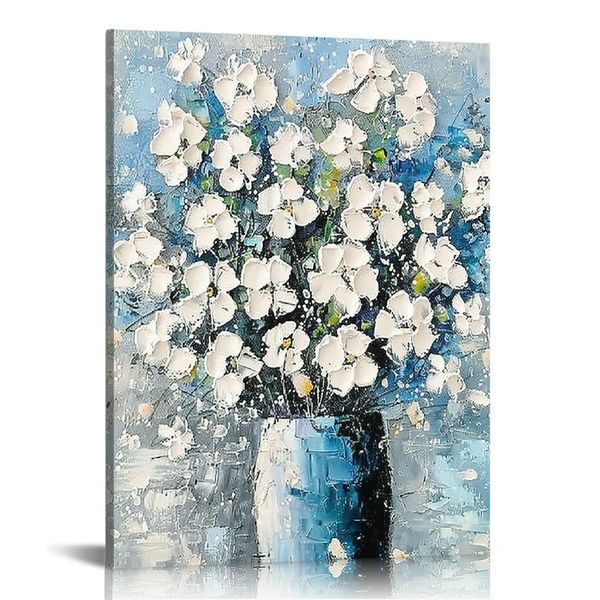 Blumen Leinwand Wandkunst blau und weiße Blüte Bilder zeitgenössische Palettenmesser Blumenstrukturierende Gemälde für Schlafzimmer Wohnzimmerdekoration