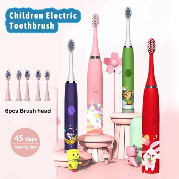 Spazzolino da denti spazzolino elettrico sonoro per bambini cartoni animati per bambini smart sbiancamento ad ultrasuoni con sostituzione 6pc a testa morbida ipx7 impermeabile q240528