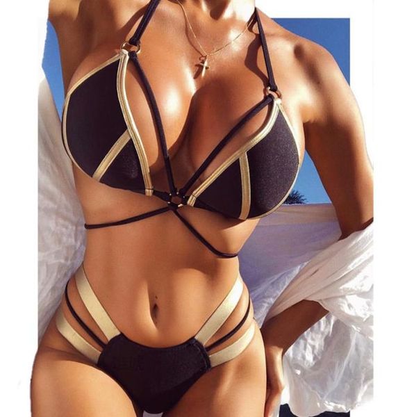 Sexy Extreme Bandage Bikini Conjunto 2020 Mujer novo ouro preto preto brilhante push up swimsuit women acolchoado bandwear bioquini8138861