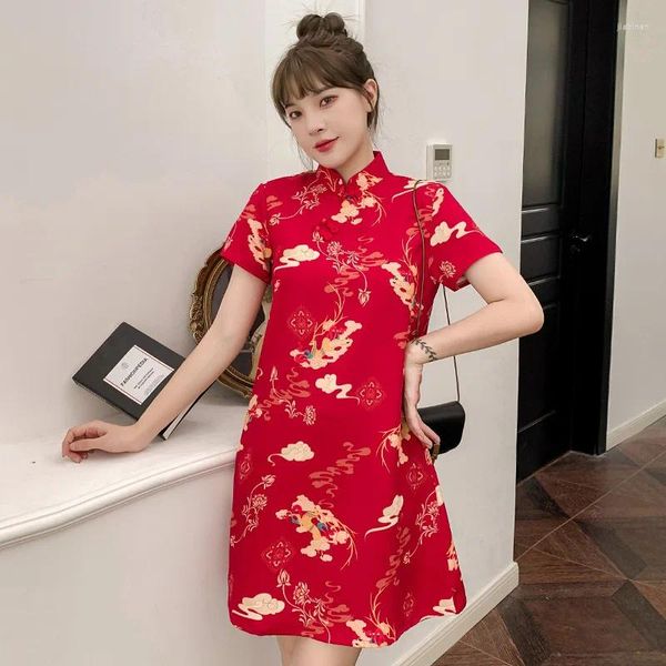 Этническая одежда Женщины Печать Улучшенные Чеонгсам Лето молодое китайское платье Qipao Red Red