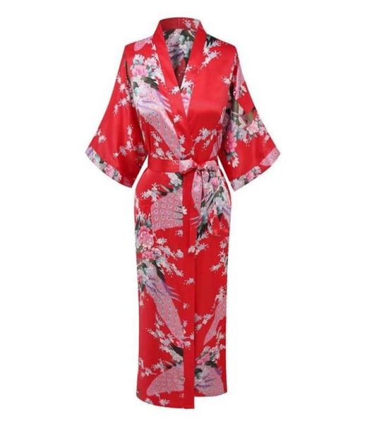 Rote chinesische Frauen Seiden Rayon Robe Kleid Bridemaids Sexy Hochzeit Nachthemd Kimono Bademantel Größe S M L XL XXL XXXL A1087290496