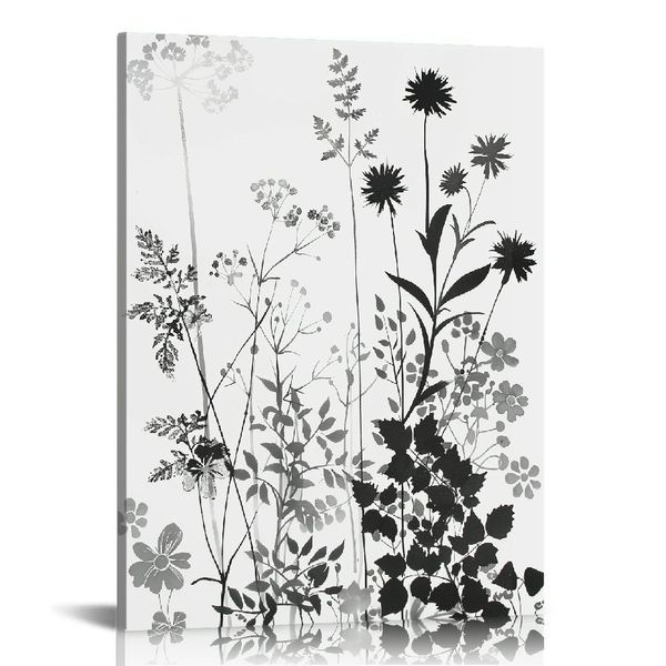 Wildblumen -Silhouette -Wandkunstdruck - 16x20 Ungeordnet, minimalistisch Blumendekor - ein neutraler, zeitgenössischer Look für einen beliebigen Raum.Schwarz-, Grau- und Weißtöne.