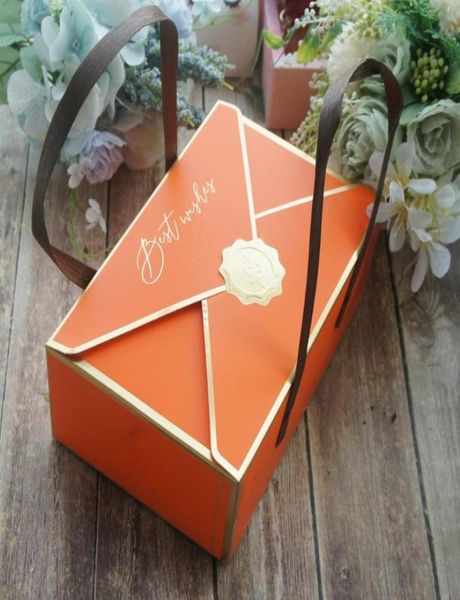 10pcs Gold Orange Wish Envelonce Caixa de papel para Candy Cookie Macaroon Gift Packaging Wedding Use7339615