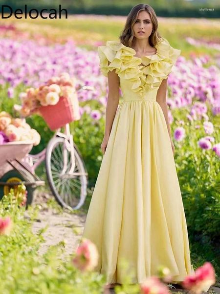Lässige Kleider Delocah Modedesigner Sommer Frauen Lange Flare Sleeve Schärpe Solid Yellow Elegant Office Lady Empire A-Line Kleid