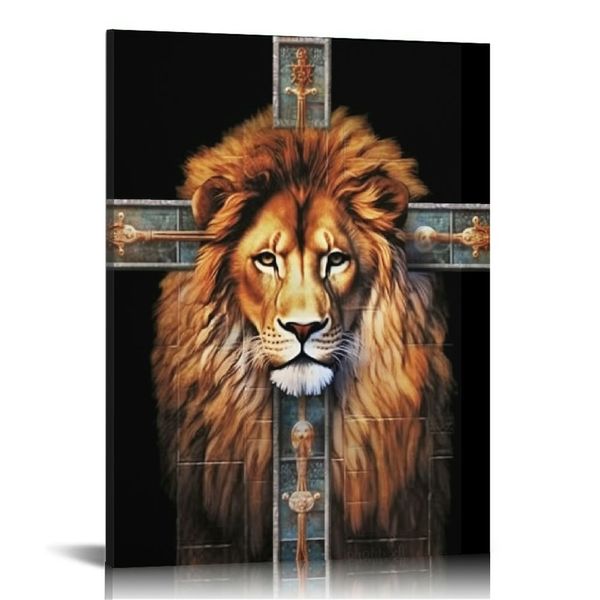 Lion of Judah Wall Art Canvas emoldurada Bíblia Poster Lion Christian Quotes Pictures Prints Praying Scripture Wall Decor Work Sala de arte Obra de arte (emoldurada)