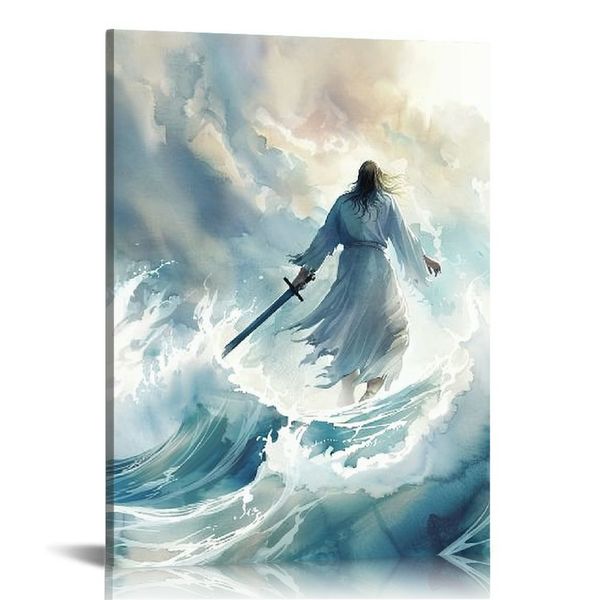 Ocean Jesus Watercolor Poster, Christian Canvas Wall Art Poster religioso de fé - Arte de parede inspirada para casa, escritório, igreja emoldurada