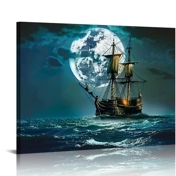 Barco azul em mar Seascape e Moon in the Sky Wall Art pintando a imagem impressa nas fotos de tela para presente de decoração de decoração para casa