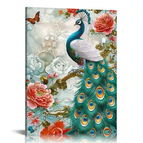 Arte de parede de lona de imagem de pavão, pássaros azul -petróleo de 16x32 polegadas com impressão de pintura de flores decoração de parede de tela para decoração de quarto