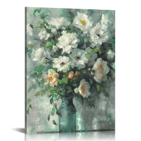 Flores Tela Wall Art Painting: Fiore di rosa bianca con foglie verdi Smette dipinta Picture Artwork per il bagno (