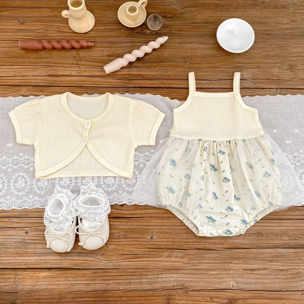 Set di vestiti estivi per ragazze neonate: corpi monopezzo con fionda floreale, patchwork in mesh, cappotto solido-2 pezzi per bambini bambini 0-24m