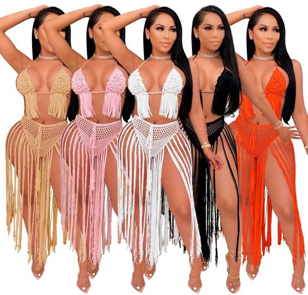 Mulher moda de moda de banho traje de malha sexy de malha de malha halter sutiã ladies tassel calcinis biquinis 2 roupas de duas peças fixam roupas de praia 2609155