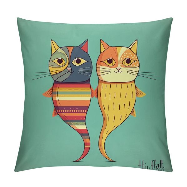 Кошачья подушка подушка, кошки усы для бабочки шляпа шляпа корона Пушистое и рыбное юмор лица графики, декоративный квадратный акцентный чехол, желтый синий