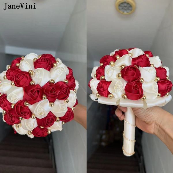 Janevini Elegant Europe Style Burgundy Burgundy Spettaio avorio Bouquet Fiore di fiore Roses di raso artificiale personalizza Pearl Bridal Bouquet