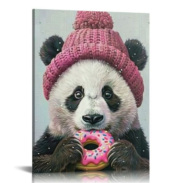 Happy Panda Bear mit rosa Streuel -Donut, Leinwandwandkunst, blau