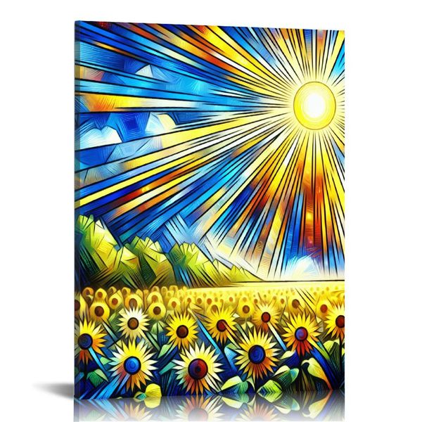 Leinwand Print Wandkunst Sonnenlicht glänzt auf Sonnenblumenfeld Blumenpflanzen Fotografie Realismus zeitgenössische landschaftliche bunte mehrfarbige Ultra für Wohnzimmer, Schlafzimmer