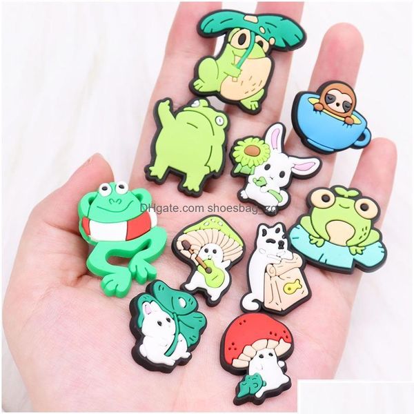 Schmuck Großhandel 100pcs PVC Colorf Frog Cat Pilz Rabbit Animals Schuhschnalle Dekorationen für Kinder Charms Knopf Clog Rucksack Drop otexz