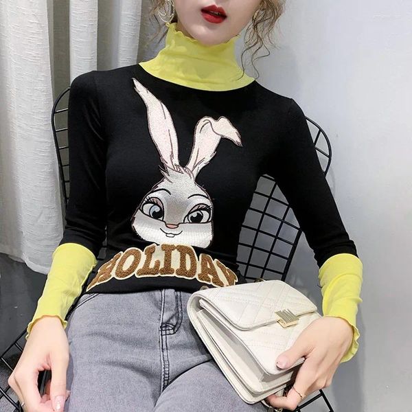 Polos femininos estilo de verão online celebridades em estilo coreano Slim Fit Slimming Cartoon High Collar Base Camiseta T-shirt de mangas compridas W