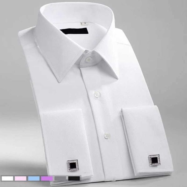 Camisas de vestido masculinas M ~ 6xl Mens Camisa de vestido francês 2023 Novo Botões de negócios formais de manga longa brancos camisetas masculinas FIT CUFFLINKS CILHÃO Q240528