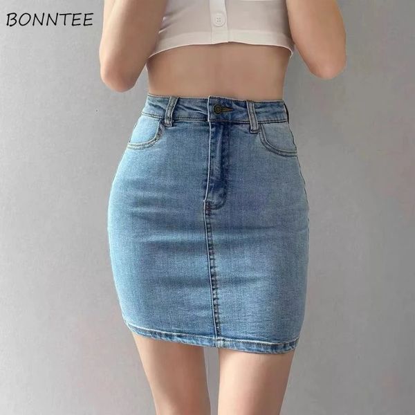 Юбки Women America Vintage высокая талия эластичная бодинокон Slim A-Line Mini Sexy Denim Jupe Fashion Harajuku Simple Casual Ladies 240529