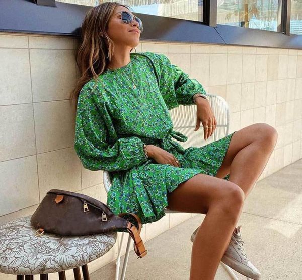 Inspiriertes fließendes Silhouette Sommerkleid für Frauen Langarm Mini Party Kleid grünes süßes geflochtenes Gürtelkleid 2104122143065