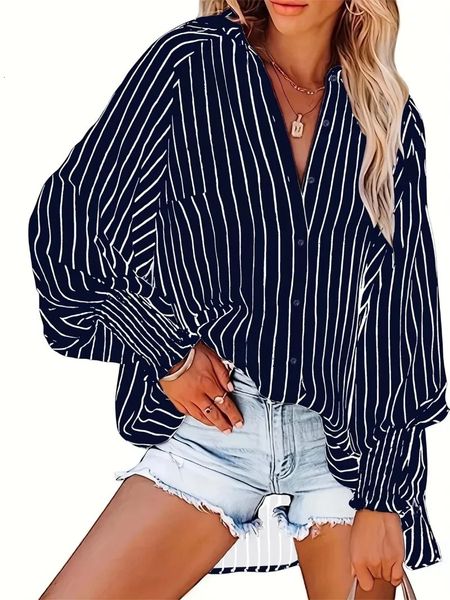 Womens Plus Size 1xL-5xl Casual Striped atmable Long Sleeve Shirt Fashion V-Ausschnitt Button-Down-Shirt Top 240522