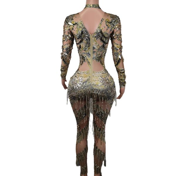 Sexy goldene Glitzer -Strass -Rolmer für Frauen Sänger Tänzer Kostüme Langarm Spandex BodySuit Paillettenrande Jumpsuits