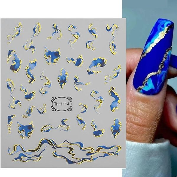 3D Marble azul dourado adesivo de onda de ondas geometria abstrata tinta Blooming Art Sliders Decalques Manicure Decorações 240528