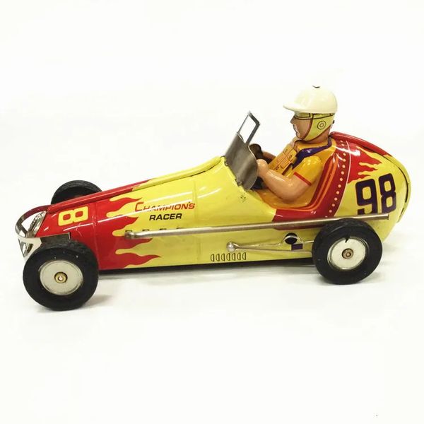 Coleção de adultos engraçados Retro Wind Up Metal Tin Tin Vintage Automobiles No.98 Racing Car Mechanical Clockwork Figuras de brinquedo 240529