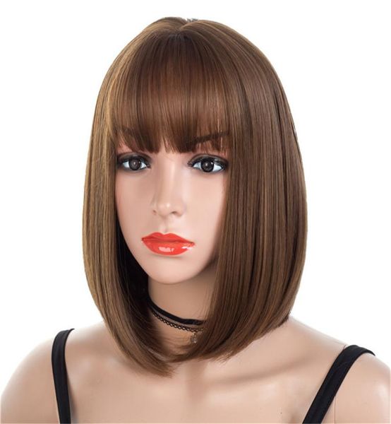 Perucas curtas marrons bob estilo straight sintético Black Women039s peruca com franja 12 polegadas de cabelo macio loira wig6436645