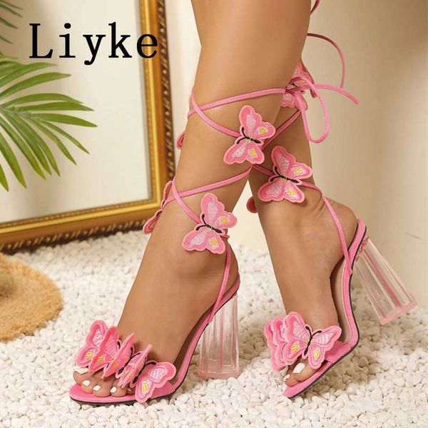 Sandalen Liyke Neues Design handgefertigt gestickt gestickelt Butterfly -Knöchel Schultergurt Sandalen Frauen transparent Strange High Heels Schuhpumpe J240530