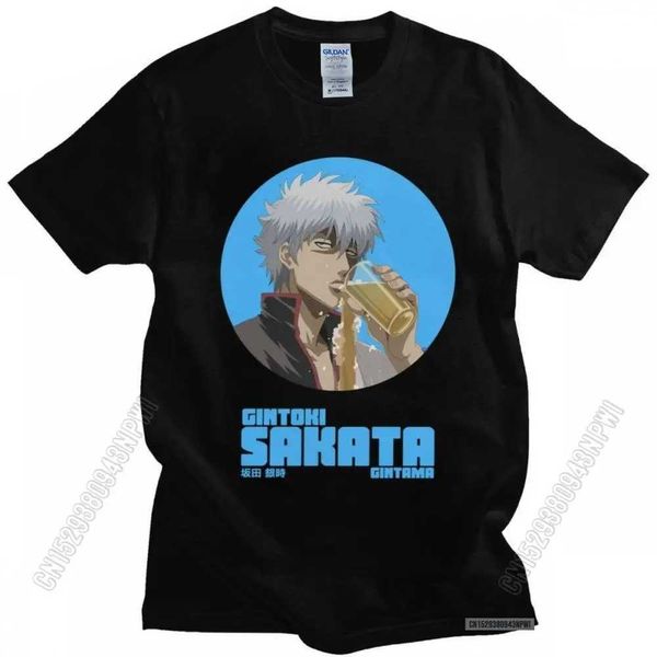 T-shirt maschile sakata gintoki magliette uomini pre-sphrunk cotone samurai gintama ts anime manga maglietta o-shirt stampato cntwear g240529