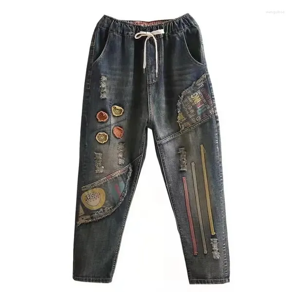 Jeans da donna Pantaloni Harlan a vita alta di grandi dimensioni Ricamo Pantaloni in denim stile etnico Retro elastico Indie Folk Nove punti Donna Sciolto